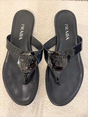 Prada Black Patent Leather Logo Thong Sandals - Women's Sz:37